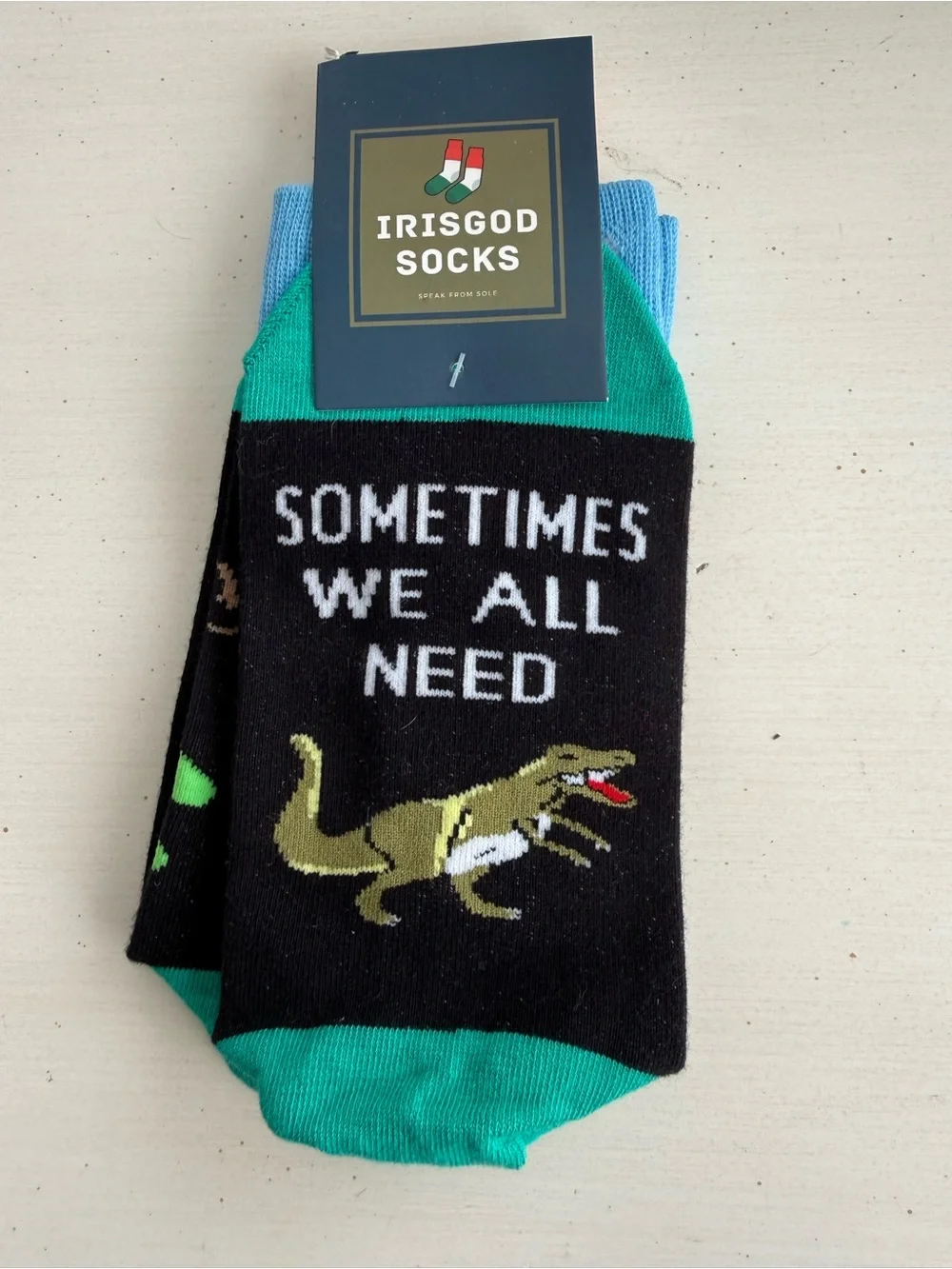 IRISGOD 'Sometimes We All Need' Dinosaur Socks - Black & Teal